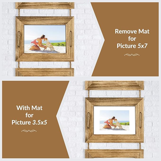 DLQuarts 5x7 Hanging Collage Picture Frames Wall Decor, 4-Opening 5x7 Matted to 3.5x5 Photo Rustic Wood Frame with Hemp Rope, 2 Pack, Carbonized Brown