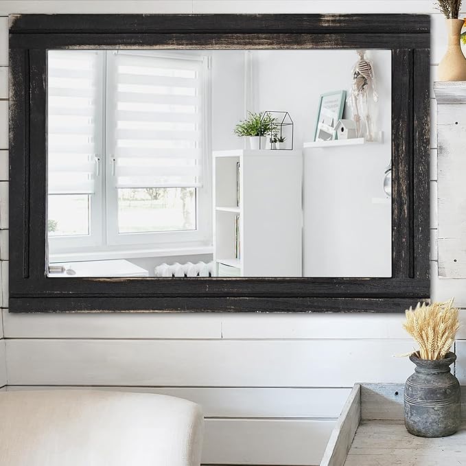 AAZZKANG Wall Mounted Mirror Small Rectangular Retro Mirrors with Wood Frame for Bedroom Living Room Bathroom Entryway Large 28"x20"