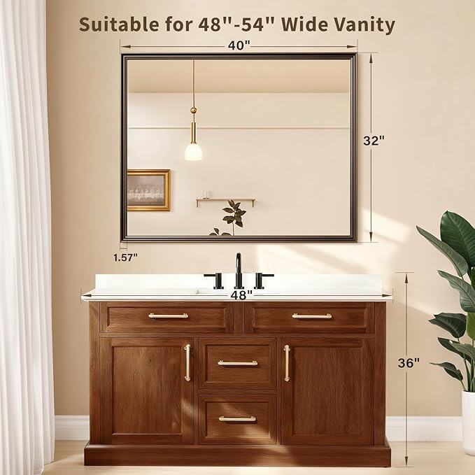 Retro Copper Effect Framed Wall Mirror, 32x40 Rectangle Mirror, Anti-desilvering Tempered Glass, Sustainable& Sturdy Frame, Farmhouse Mirror, Anti-Rust, 3min Fast Setup for Bathroom Living Room