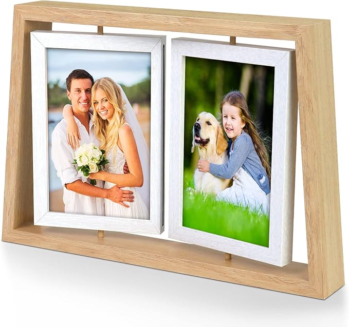 ZEEYUAN 4x6 Desk Picture Frames Rotating Rustic Photo Frame Floating 4x6 Double Side Frame for Tabletop Office Decor, Mothers Day Gifts Picture Frame for Mom Gift from Daughter Son