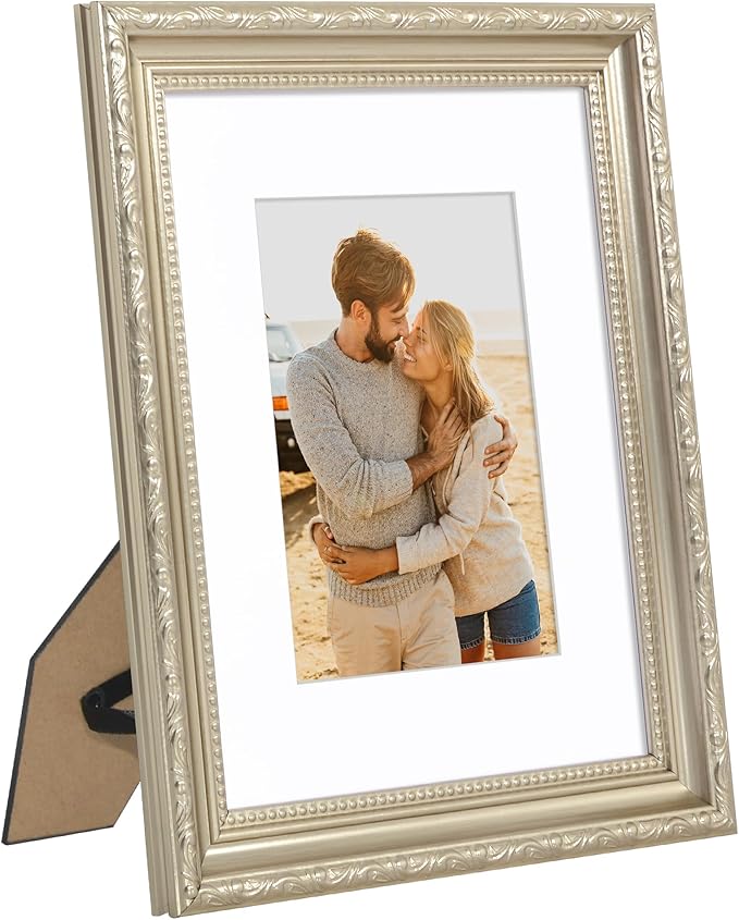 Americanflat 8x10 Picture Frame with Shatter-Resistant Glass - Use as 5x7 Frame with Mat or Display 8x10 Photo Without Mat - Ornate Picture Frames for Wall and Tabletop Display - Silver