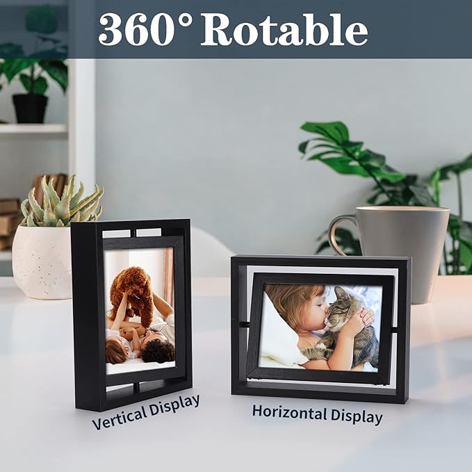EXYGLO 2 Pack 5x7 Rustic Rotating Floating Picture Frames, Photo Frames for Vertical or Horizontal Tabletop Display, Black