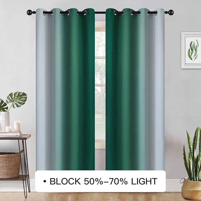 COSVIYA Blackout Curtains & Drapes Ombre Green Curtains 72 inch Length 2 Panels, Room Darkening Light Blocking Grommet Gradient Insulated Thermal Window Curtains for Bedroom/Living Room,52x72 inches