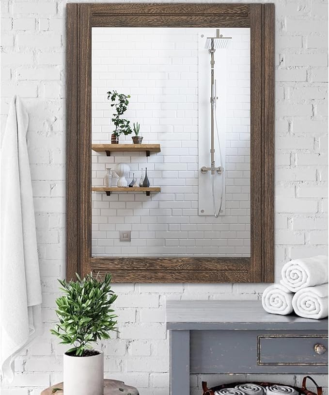 AAZZKANG Rustic Wood Mirror Rectangle Decorative Wall Hanging Mirrors with Frame Large 28"x20" for Bedroom Living Room Bathroom Home Entryway