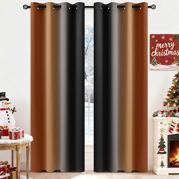 Yakamok Blackout Ombre Burnt Orange and Black Curtains-Gradient Room Darkening Curtain, Grommet Thermal Insulated Light Blocking Window Drapes Curtain for Living Room Bedroom,52 x 84 Inch,2 Panels