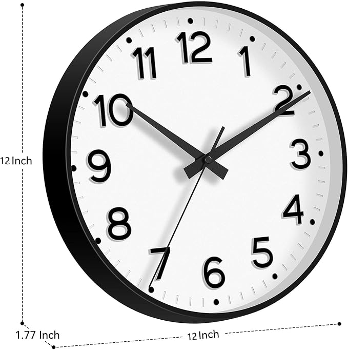 Wall Clock 12 Inch Silent Wall Clocks Battery Operated-Modern Non Ticking Analog Clock Decorative for Kitchen Bedroom Office (Black)