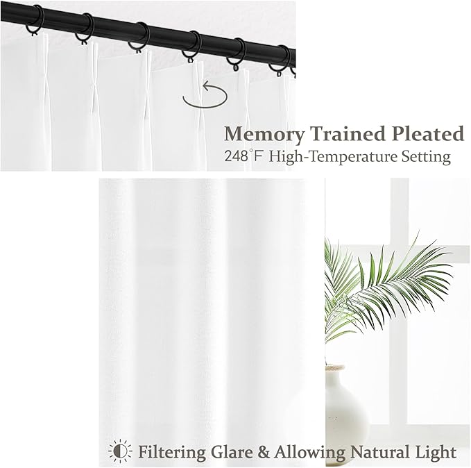 Cute White Sheer Curtains 96 Inches Long for Living Room, Textured Linen Blend Pleat Memory Shape Bedroom Decor Curtain Privacy Light Filtering Bedroom Drape Hook 96 Inch 2 Panels Set (W40 xL96)