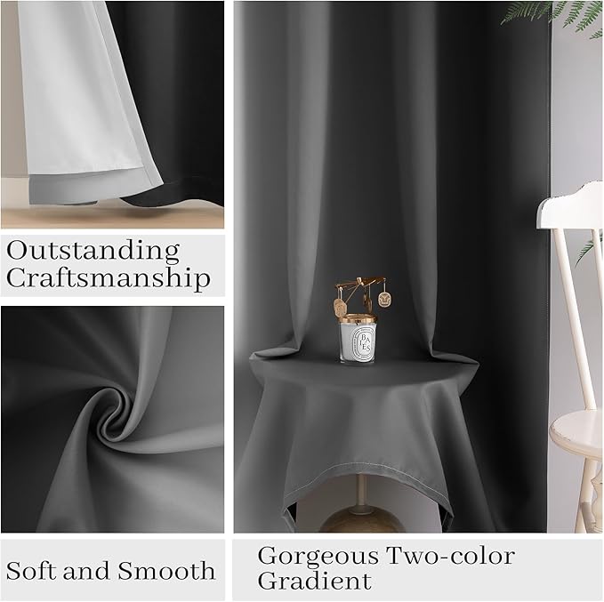 COSVIYA 100% Blackout Curtains for Bedroom with White Back, Double Layer Thermal Insulated Noise Reducing Grommet Window Curtains(52x72 Inch, Black and Greyish White, 2 Panels)