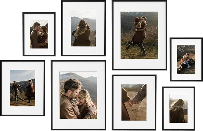 eletecpro Aluminum Gallery Wall Frame Set of 8, Including 2Pcs 11x14, 3Pcs 8x10, 3Pcs 6x8 Photo Frames for Wall or Tabletop Display, Multiple Sizes Picture Frames Collage Wall Decor, Black
