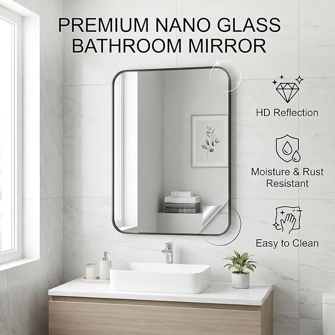 Koonmi Bathroom Mirror, 30X36 Inch Black Metal Framed Mirror for Bathroom, Tempered Glass, Anti-Rust, Rounded Rectangle Mirror for Restroom, Bedroom, Black