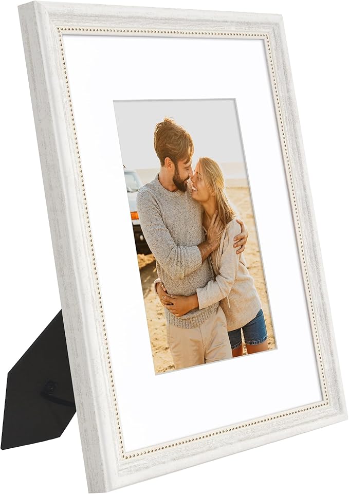 Americanflat Vintage Frames - 8x10 Picture Frame with Beaded Accents and Shatter-Resistant Glass - Use as 5x7 Frame or Display 8x10 Photos Without Mat - Heirloom Collection - White Gold