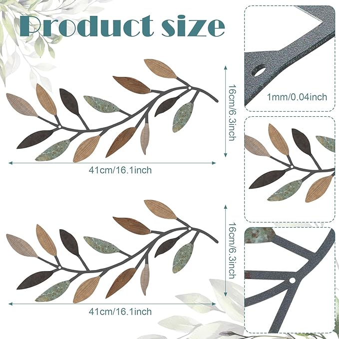 Zhengmy 2 Pieces Metal Tree Leaf Wall Decor Vine Olive Branch Leaf Wall Art Living Room, Hallway Wall Decor Outdoor Decoration(Classic Color)