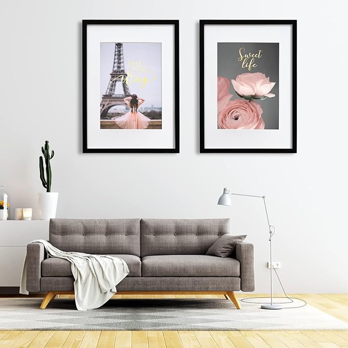 Egofine A2 Picture Frames Set of 2 Matted for A3 - Solid Wood Acrylic Plexiglass Front for Wall Mounting Hanging Vertically or Horizontally, Black - 16.5 x 23.4 in