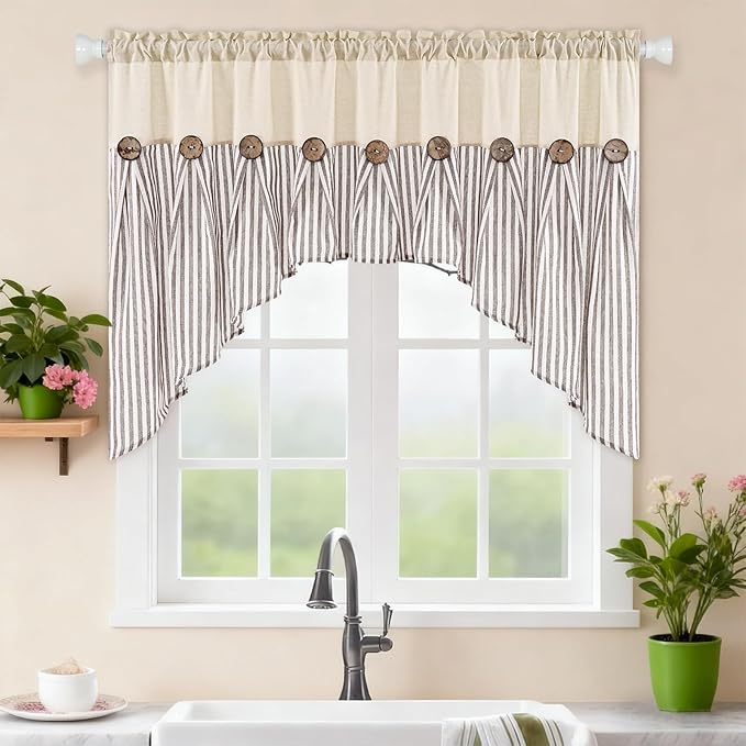 ASPMIZ Farmhouse Cotton Linen Swag Valances for Windows, Boho Kitchen Curtains Valances with Rustic Buttons, Brown Striped Window Treatments Curtain Valance for Bathroom Cafe, 61 x 36 Inch, 1 Panel