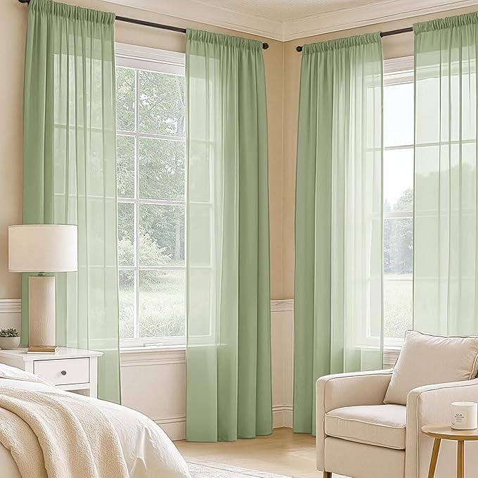 MIULEE Sage Green Sheer Curtains 90 Inches Long, 4 Panels Set, Light Filtering Rod Pocket Voile Drapes Window Treatments, Semi Transparent Airy Fabric for Bedroom and Living Room, 42 x 90 Inches