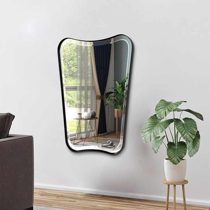 POZINO Irregular Beveled Mirror, 22"x30" Matte Black Bathroom Vanity Mirror for Over Sink, Modern Aesthetic Butterfly Shape Decorative Mirrors for Bedroom Living Room Entryway Hallway Fireplace