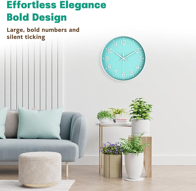 Modern Wall Clock Silent Non-Ticking ?€? Coral Green Analog Wall Clock Battery Operated for Living Room, Kitchen, Bedroom, Office ?€? Stylish Wall Decor for Home, 12 Inch