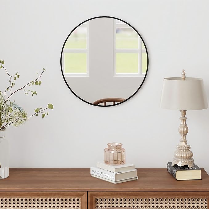 SCWF-GZ 20" Round Mirror Circle Wall Mounted Hanging or Against Wall Metal Frame Dressing Make-up Mirrors for Entryway Bedroom Bathroom Living Room 20 inch Black