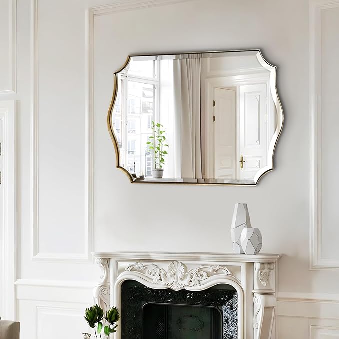 POZINO Scalloped Beveled Mirror, 22"x30" Modern Bathroom Vanity Mirrors for Over Sink, Brushed Gold Rectangle Wavy Mirror for Living Room Bedroom Entryway Fireplace, Hangs Vertically or Horizontally