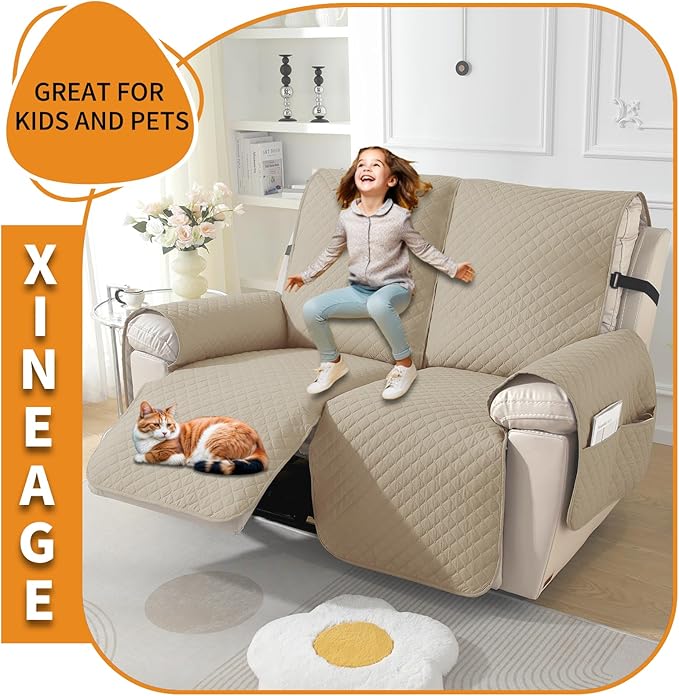XINEAGE Water Resistant Recliner Cover, 2 Seat Loveseat Covers with Pockets, Quilted Thick Protector Cover for Dog Pets with Non Slip Backing and Strap (Loveseat, Khaki)