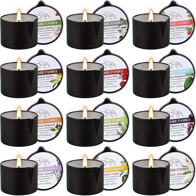 12pcs Massage Oil Candle,Moisturising Natural Soybeans Gift Sets,1oz Low Temperature Body Oil Scented Candles for Home Spa & Relaxation