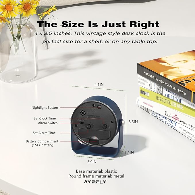 AYRELY® 3.5 Inch Small Analog Alarm Clocks,Battery Operated Desk Clock,Cute Table Clock with Light，Adjustable Angle for Travel,Bedside,Bedroom,Kids,Living Room Decor(Navy Blue)