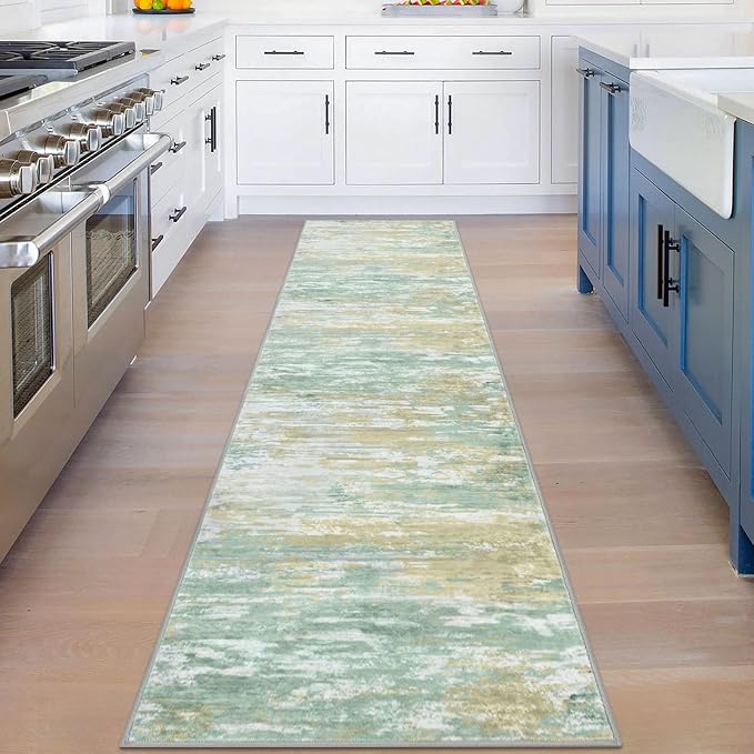 KOZYFLY Modern Abstract Hallway Runner Rug, 2x8 Kitchen Rugs Non-Slip Washable Soft Striped Runner Rugs, Print Light Green Yellow Carpet Runner for Entryway Bathroom Laundry Room Foyer