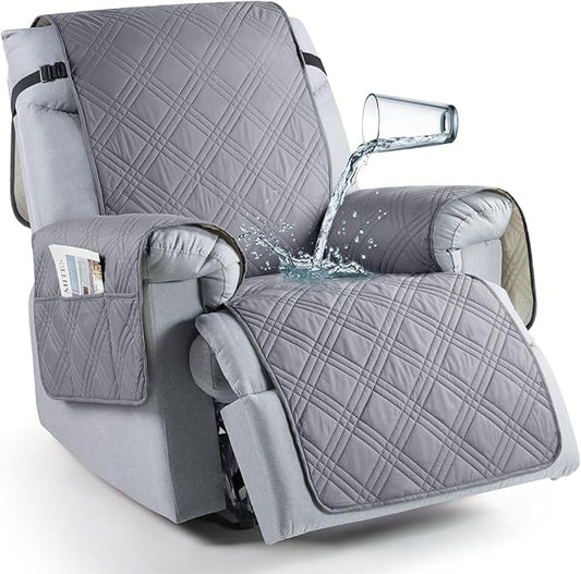 TAOCOCO 100% Waterproof Recliner Chair Covers, Non Slip Recliner Covers for Recliner Chair with Pocket, Washable Reclining Chair Cover Furniture Protector for Kids,Dogs(25'', Grey)
