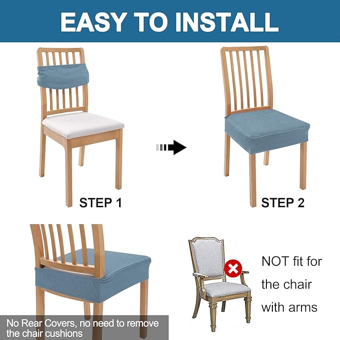 Smiry Waterproof Seat Covers for Dining Room Chairs Set of 6, Stretch Jacquard Removable Washable Chair Seat Slipcovers Protector, No Rear Covers, Airy Blue