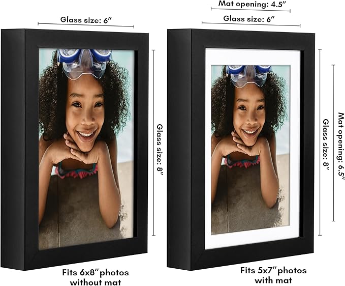 Americanflat 6x8 Picture Frame with Shatter-Resistant Glass - Use as 5x7 Frame with Mat or Display 6x8 Photo Without Mat - Soho Collection - Deep Molding Picture Frames for Tabletop or Wall - Black