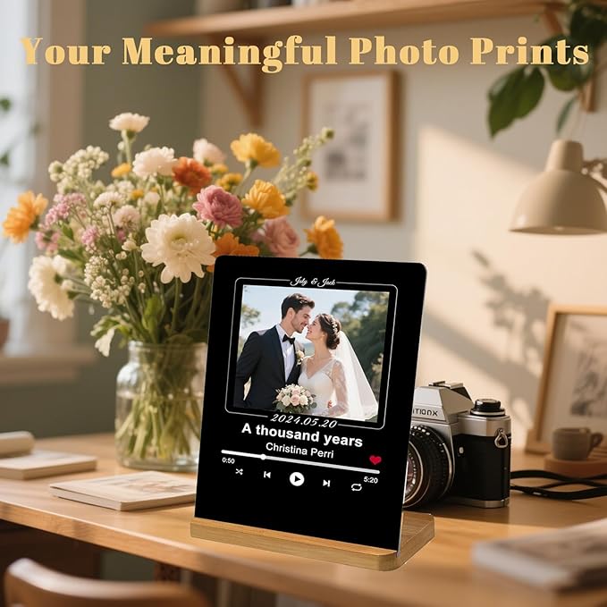Custom Metal Photo Prints，Personalized Your Own Picture Frame, Customize Photo Prints with Wooden Base，Personalized Metal Picture Gift for Lovers，Family，Boyfriend，Friends