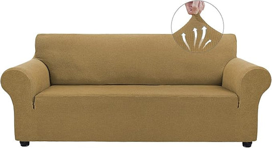 Asnomy Couch Covers for 3 Cushion Couch Stretch Sofa Covers Slipcovers, Pet Protector Furniture Covers for Dogs Cats Spandex Jacquard Fabric Small Checks （Large，Light Brown）