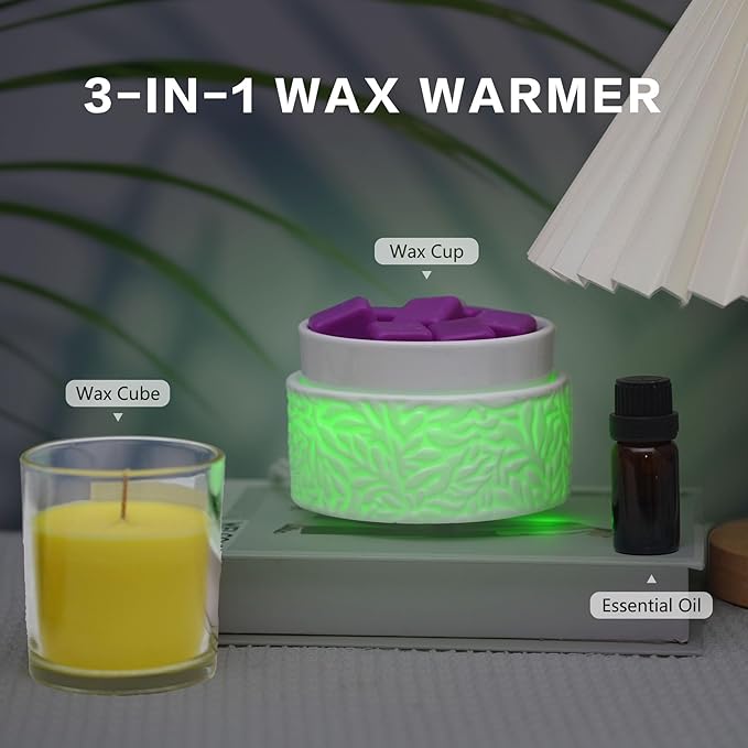 ElusiaKa Wax Melt Warmer,Electric 3-in-1 Wax Melter,Ceramic Candle Wax Warmer Burner for Scented Waxs,Candle Warmer Scent Oil Burner Home Aromatherapy-7 Color