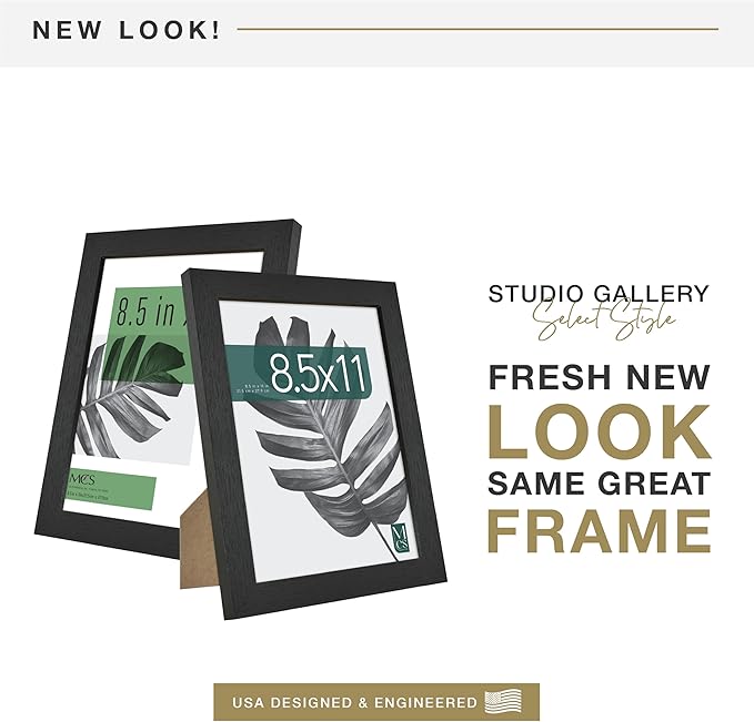 MCS Studio Gallery 8.5x11 Picture Frame Black Woodgrain Engineered Wood, Rectangle Photo Frame for Photos, Posters & Art Prints & Easel for Tapletop Display (2-Pack)