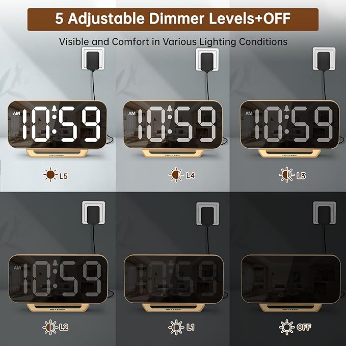Peakeep Slim Digital Mirror Aesthetic Alarm Clock for Bedrooms Desk Decor - Plug in Electric Big LED Modern Small Clock for Office Living Room, Battery Backup, 6 Dimmers (Gold)
