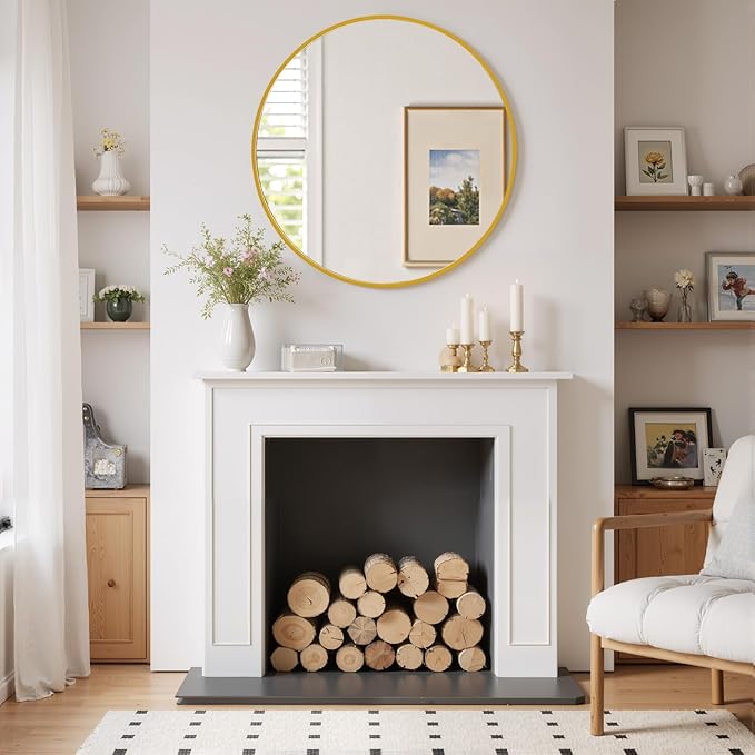 Round Wall Mirror 30 Inch Gold Vanity Mirror with Metal Frame, Modern Circle for Bathroom, Entryway, Bedroom, Living Room, Wall Mounted Decorative Mirrors