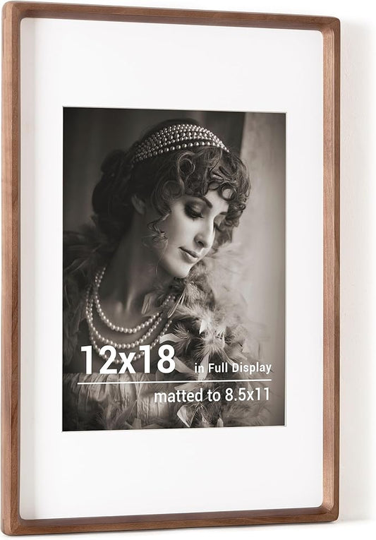 12x18 Poster Frame, USA-Sourced Walnut Wood Picture Frame with HD Tempered Glass, Handcrafted Rounded Corner 12 x 18 Wooden Frames Matted to 8.5x11 Photos, Horizontal or Vertical Wall Display