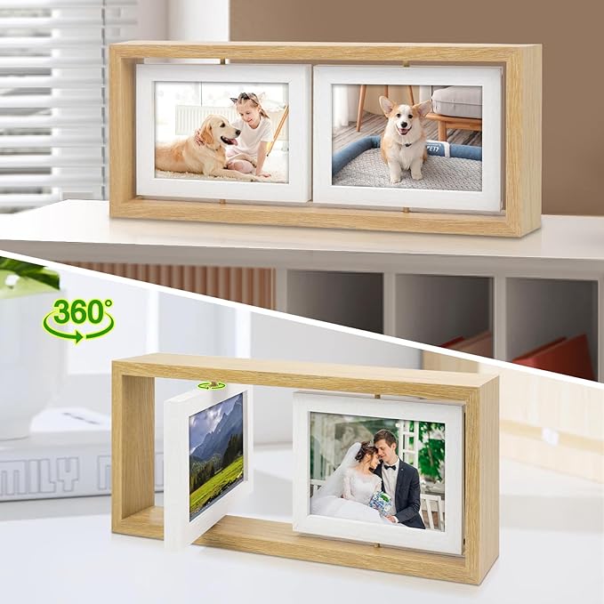 ZEEYUAN 4x6 Desk Picture Frame Rotating 4x6 Floating Photo Frame Wooden Double Side Frame Tabletop for Office Home Decor