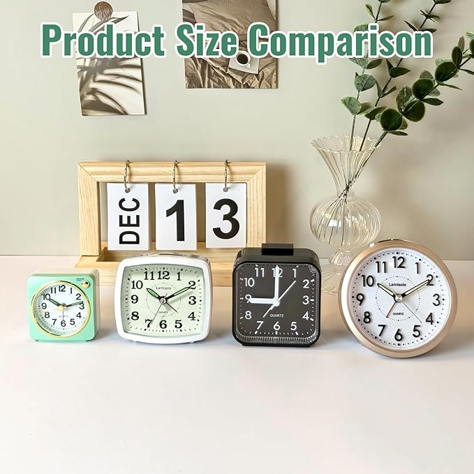 Small Battery Alarm Clock for Bedrooms, Analog Travel Clocks, Bedside Desk Table Clock for Room Decor, Slient, Big Numbers for Seniors, Gently Ascending Alarm for Heavy Sleepers, Black