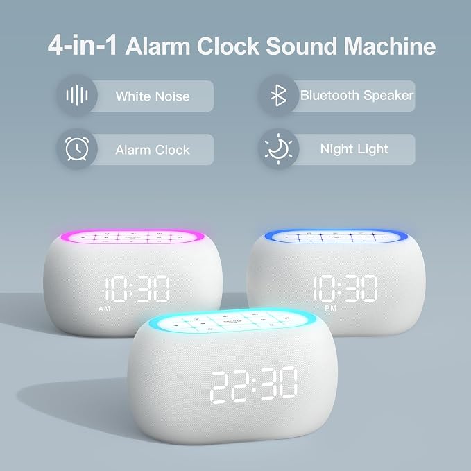 ANJANK White Noise Sound Machine Alarm Clock with Hi-Fi Bluetooth Speaker, 21 Soothing Sounds/7 Night Lights, 0-100% Dimmer/Sleep Timer/Volume Control, Soother for Adults Kids Sleeping, Bedroom, White - Image 2