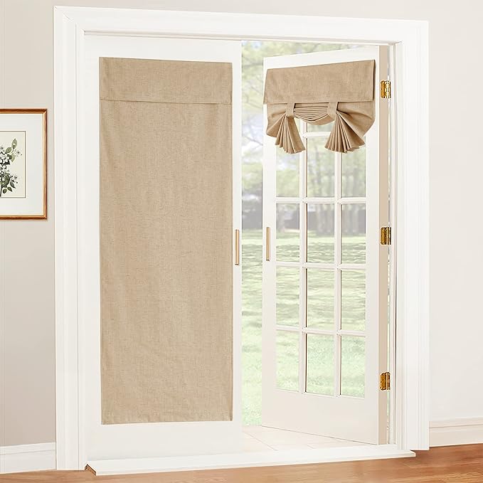 RYB HOME 100% Blackout Tricia Door Curtains, Linen Textured Blend Thermal Insulating Privacy French Door Window Tie Up Shades Sidelight Curtains for Kitchen, W 26 x L 72 inches, Camel, 1 Panel