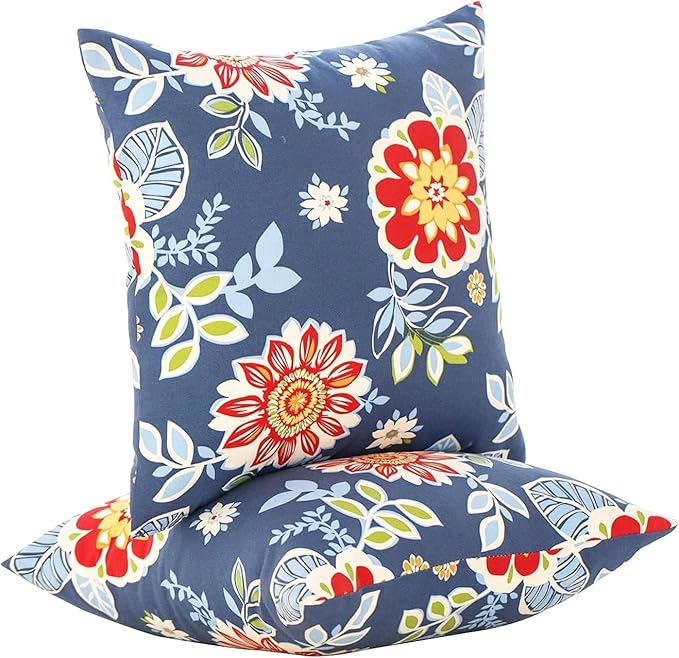 JMGBird Weather-Resistant Outdoor Pillows Set of 2, 18x18 inch Durable Red Flowers Blue Background Throw Pillows with Inserts for Patio Furniture