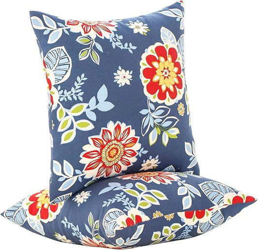JMGBird Weather-Resistant Outdoor Pillows Set of 2, 18x18 inch Durable Red Flowers Blue Background Throw Pillows with Inserts for Patio Furniture