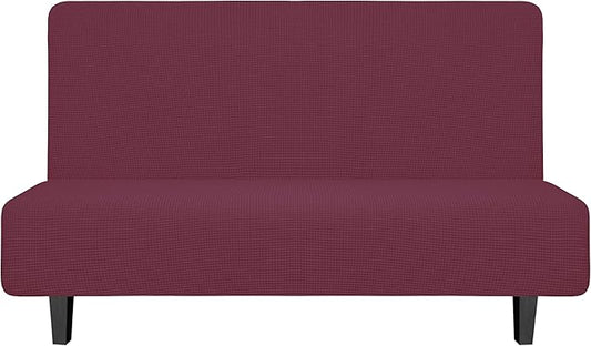 Easy-Going Stretch Futon Slipcover Armless Futon Bed Cover Furniture Protector Without Armrests with Elastic Bottom for Kids, Soft Jacquard Fabric Small Checks (Medium, ASH Rose)
