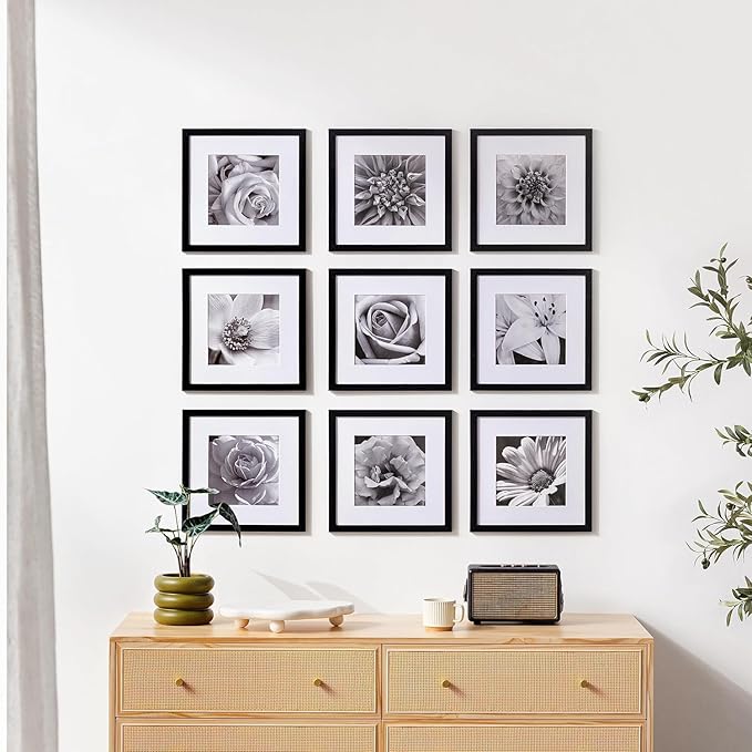 eletecpro 12x12 Picture Frames Set of 9 with Clear Acrylic Cover, Display 8x8 Photos with Mat or 12x12 Without, Classic and Sturdy Square Collage Gallery Wall Decor, Easy Wall Mount, Black