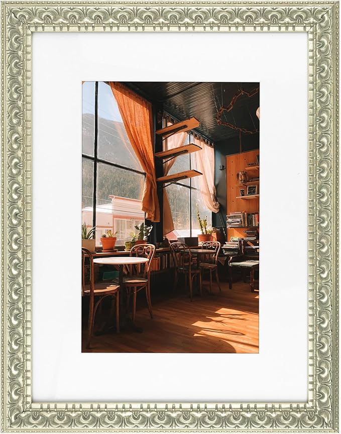 Golden State Art, 12X16 Ornate Finish Photo Frame with White Mat for 8X12 Picture & Real Glass, Color: Silver Beige