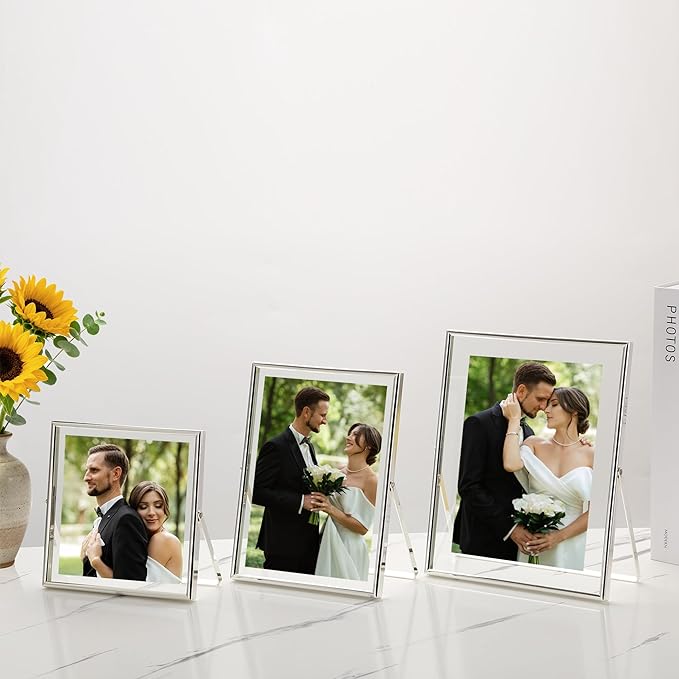 Silver Floating Picture Frames Set of 3,Metal Beaded Photo Frames 7x9'', 6x8'' 6x6'' with Double Class for 5x7, 4x6, 5x5 - Tabletop Floating Picture Frames for Home Wedding Decoration,Gift for Christmas, wedding