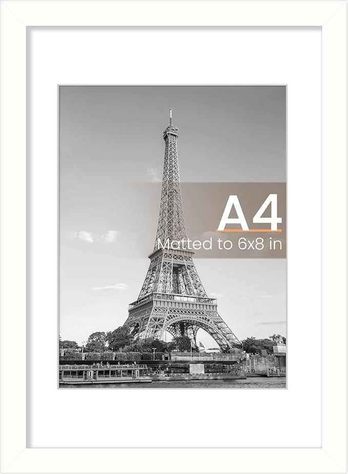 upsimples A4 Picture Frame, Display Pictures 6x8 with Mat or 8.3 x 11.7 Without, Wall Hanging Photo Frames, White, 1 Pack
