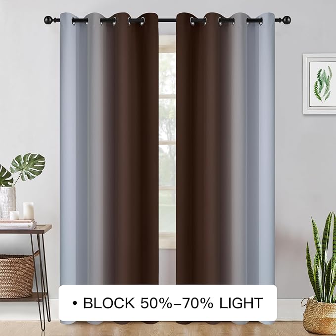 COSVIYA Grommet Ombre Room Darkening Curtains 84 inch Length 2 Panels, Brown and Grayish White Gradient Drapes Light Blocking Insulated Thermal Window Curtains for Bedroom/Living Room,52x84 inches