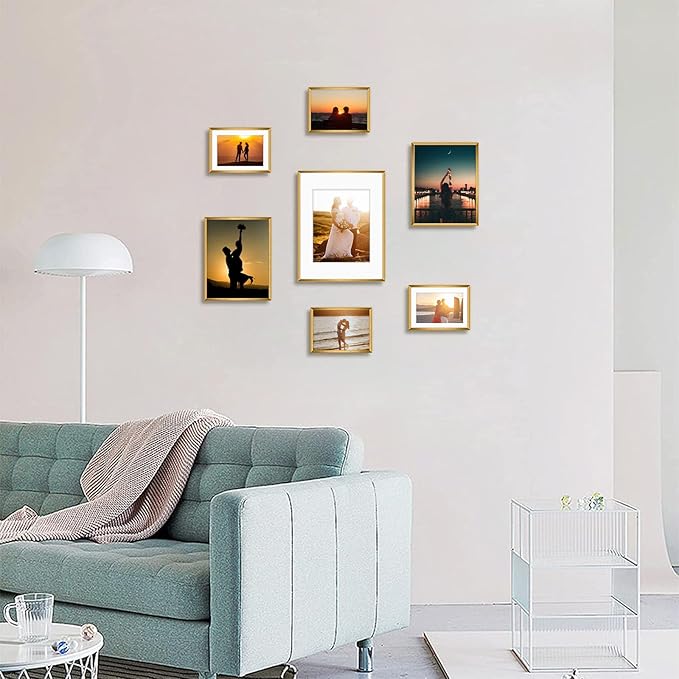 Frametory, Bronze Aluminum Picture Frame with Removable Mat - Set of 7 Includes Four 5x7, Two 8x10, One 11x14 - Real Glass Front - Simple Gallery Wall Frames for Art Prints and Posters